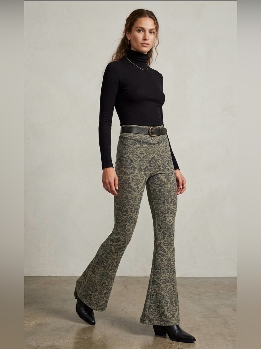 Free People XS Metallic Jacquard Sweater Flare Gold Festival Pants Cotton Nylon